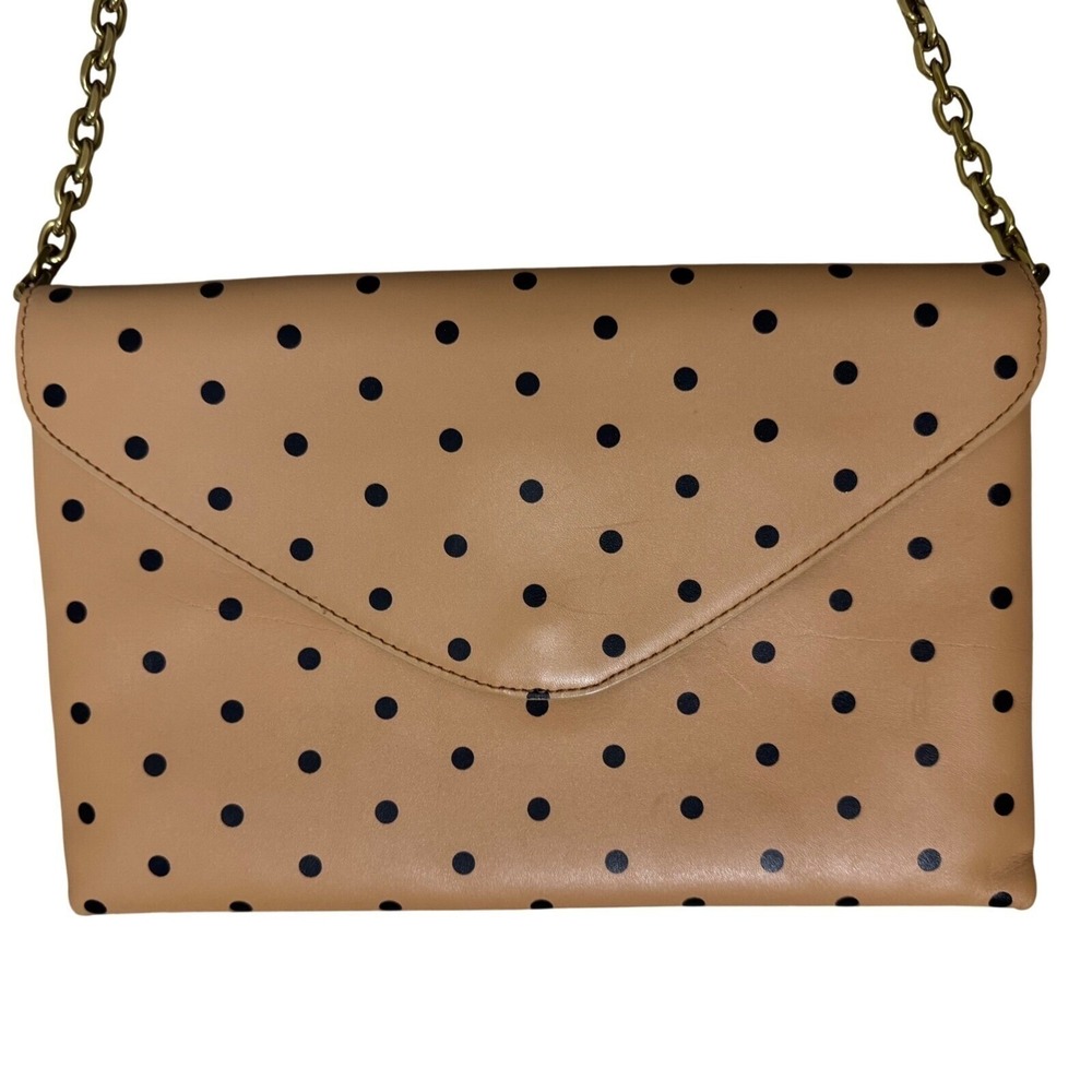 J Crew 100% Leather Clutch Tan Bag Chain Strap Envelope Polka Dot‎ y2k